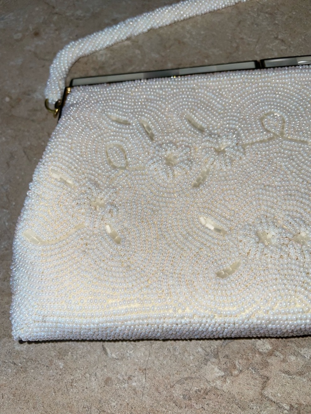 VINTAGE  White Beaded Evening Handbag with Floral Embroidery